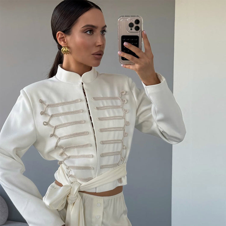 Women Cropped Military Blazer with Stand Collar and Decorative Cord Decoration Amarae