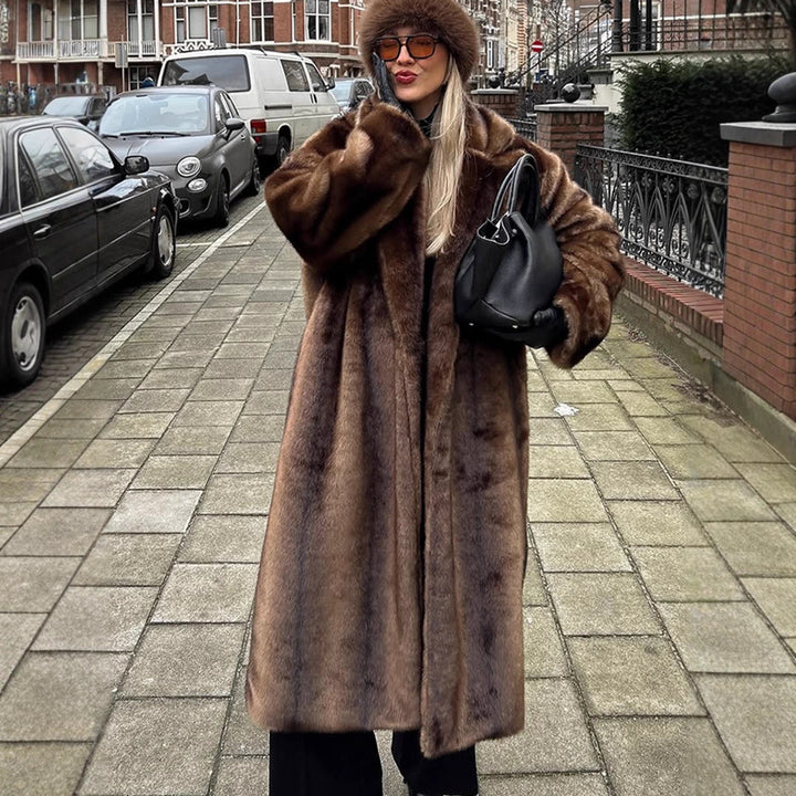 Women Luxurious Long Faux Fur Coat with Oversized Cut and Warming Lining Amarae