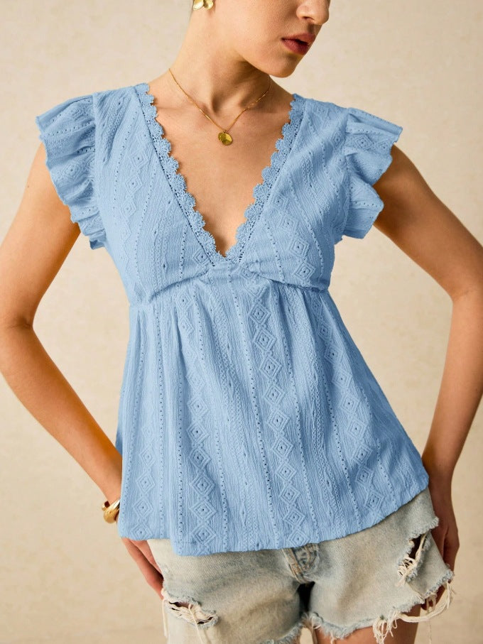 Ladies blouse with ruffled sleeves and deep V-neck Lune London