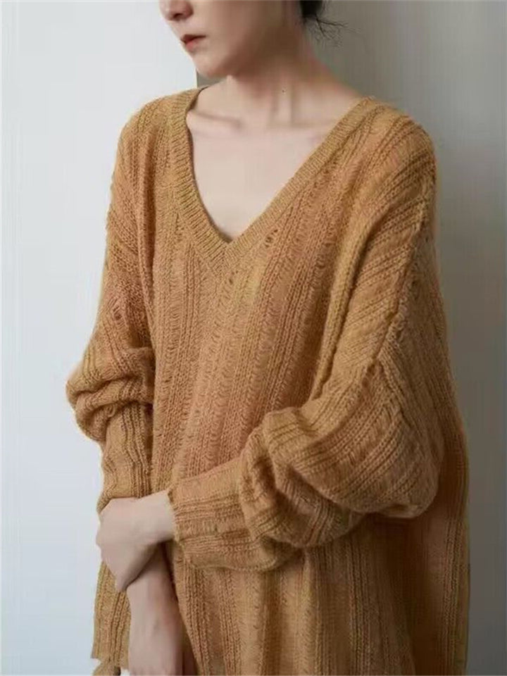 Pull en tricot épais pour femme avec col en V décontracté et structure tendance Chic & Stil