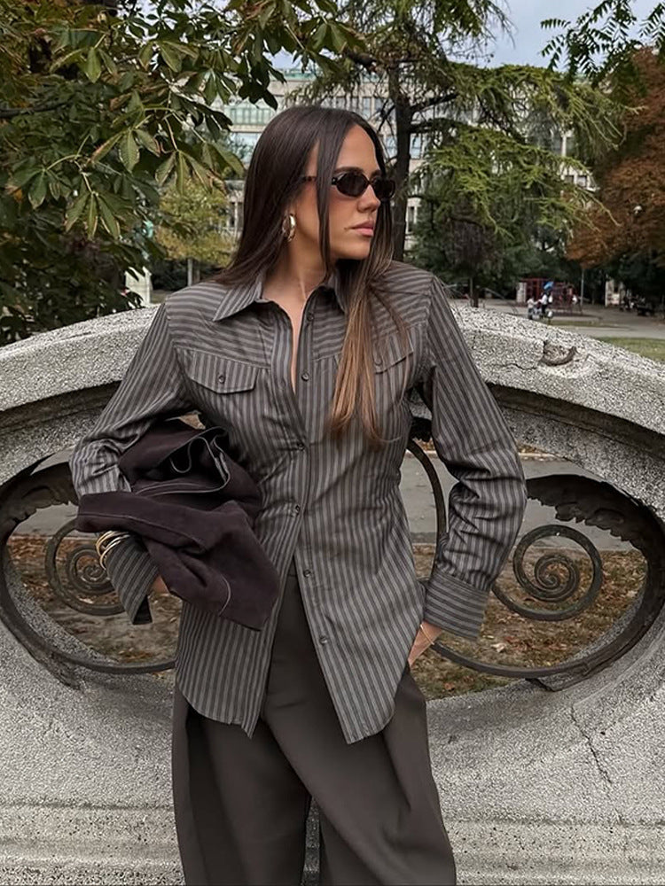 Women's Tailored Striped Shirt Blouse with Breast Pockets and Extended Hem Amarae