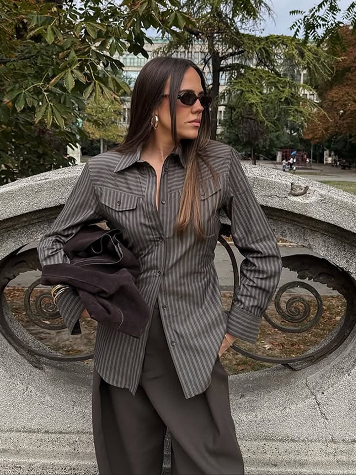Women's Tailored Striped Shirt Blouse with Breast Pockets and Extended Hem Amarae