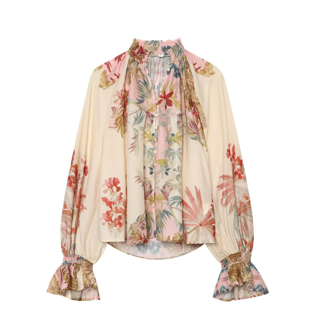 Women's Flowing Silk-like Blouse with Ruffle Collar, Button Placket and Balloon Sleeves Amarae