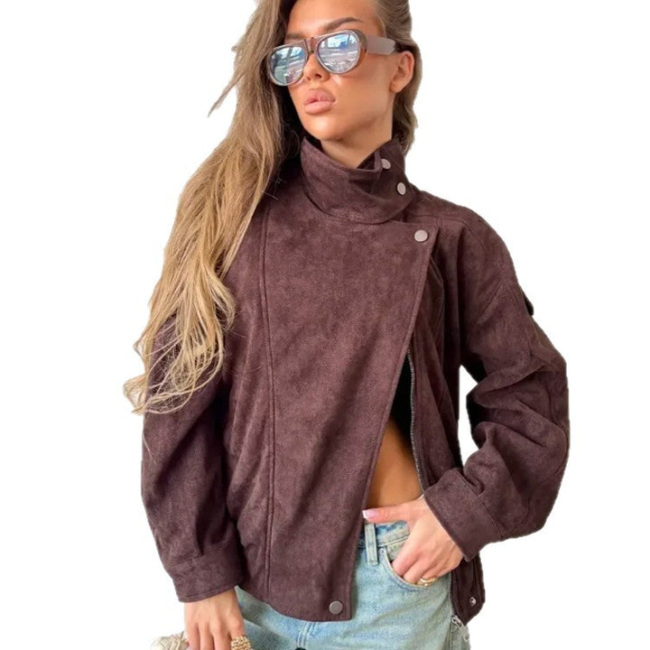 Women Oversize Suede-Look Biker Jacket with High Standing Collar Amarae
