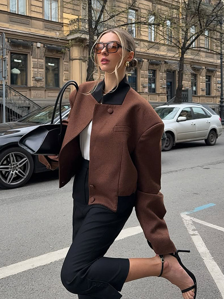 Women's Boxy Cropped Wool Jacket with Boxy Shoulder, Contrasting Lapel Collar and Hidden Button Placket Amarae