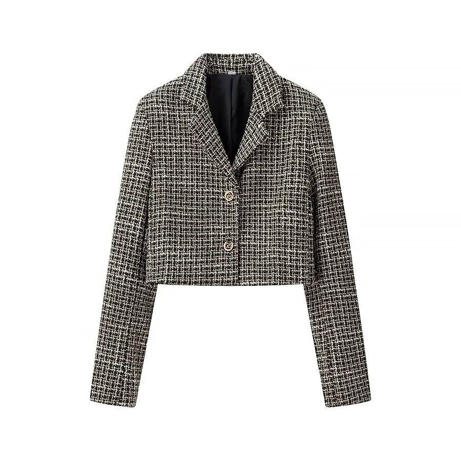 Women’s short blazer in boucle tweed with boxy cropped silhouette and decorative buttons Amarae
