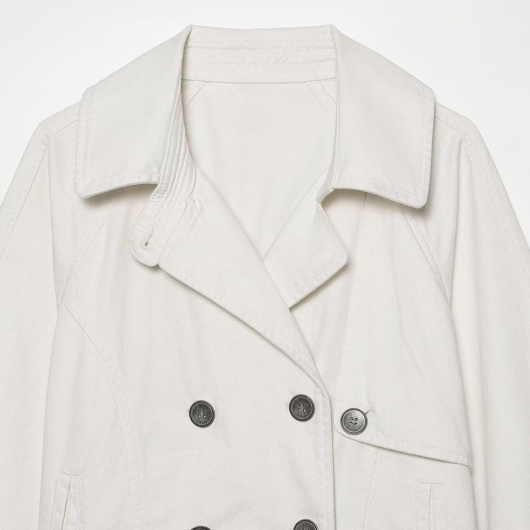Women's Short Double-Breasted Cape Trench Coat with Dropped Shoulders and Adjustable Sleeve Straps Amarae