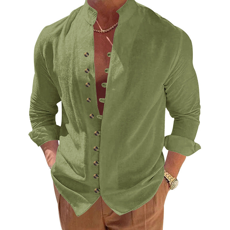 Fashionable long-sleeve shirt for men with a modern button design and a chic stand-up collar