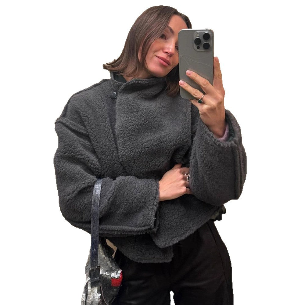 Women short cut teddy faux fur blouse jacket with high stand-up collar and boxy silhouette Amarae