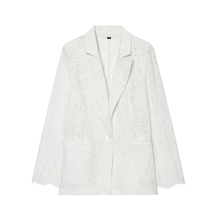 Women's Lightweight Broderie Anglaise Blazer with Shawl Collar and Eyelet Embroidery Amarae