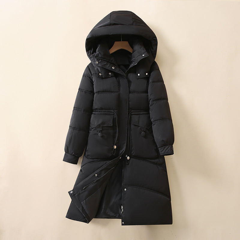 Ladies Long, warm down jacket with practical pockets and hood Lune London