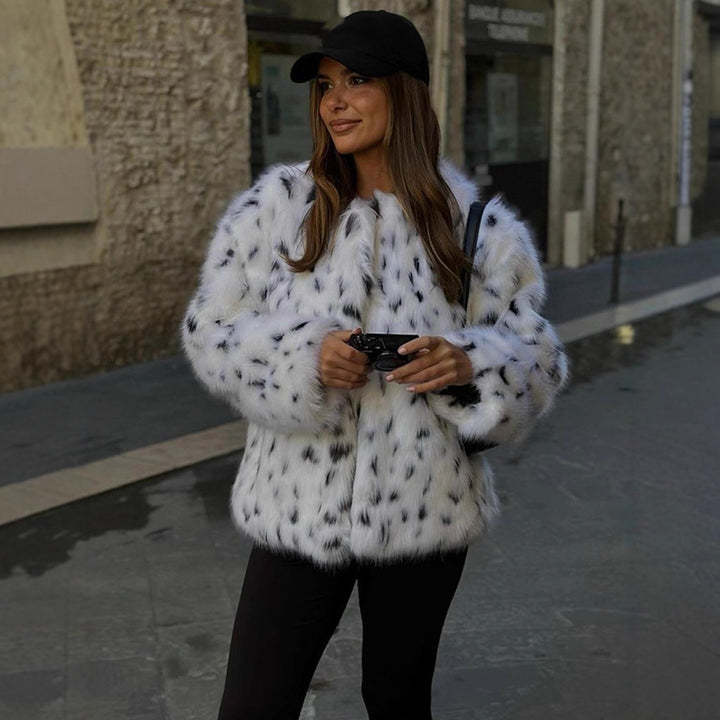 Ladies short-cut cozy faux fur blouson with Dalmatian look and concealed snap button placket Amarae