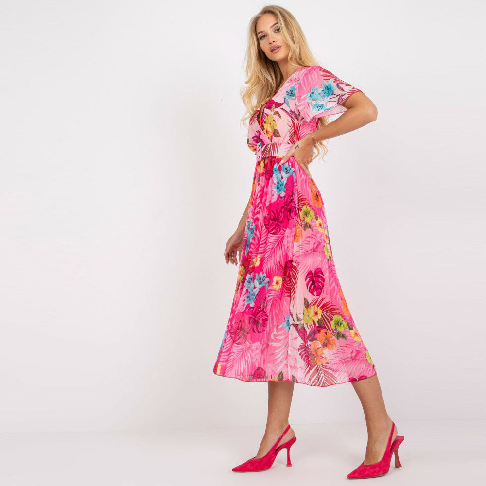 Lune London Pleated Floral Patterned Midi Wrap Dress for Women