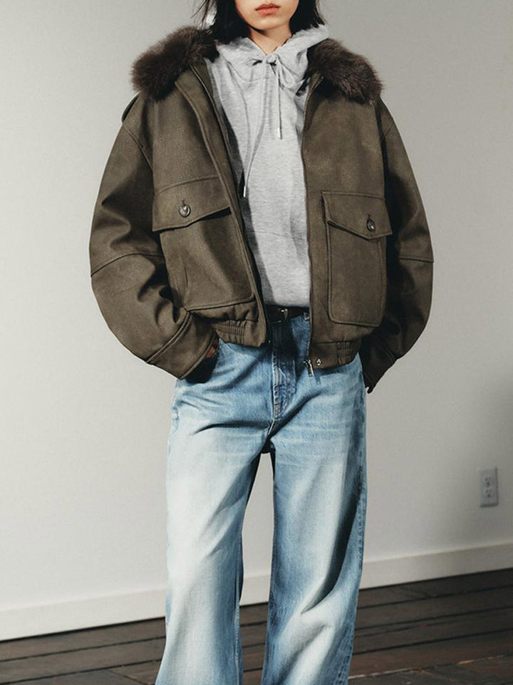Women's short jacket in aviator style with faux fur hood and patch pockets Amarae