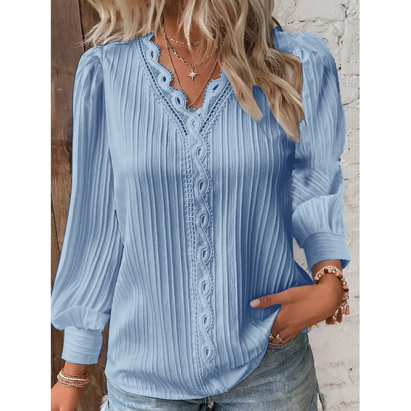 Women Pleated V-Neck Blouse with Lace Trim and Balloon Sleeves Amarae