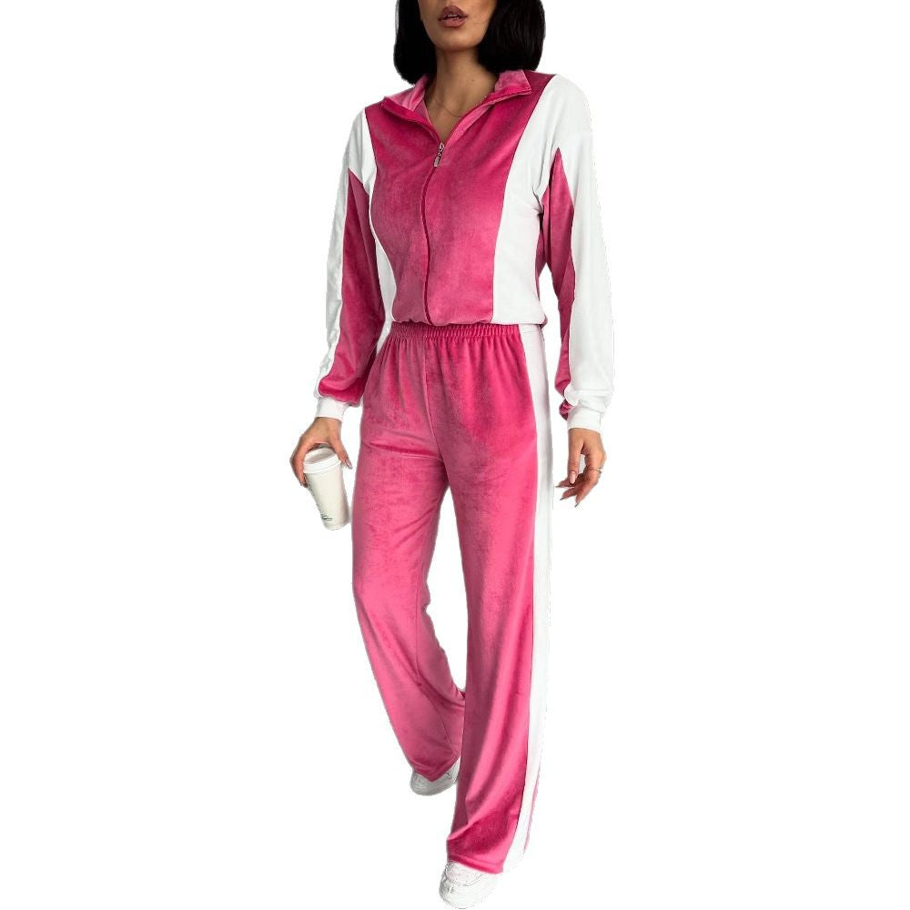 Lune London women's sporty velvet tracksuit with zipper and side stripes