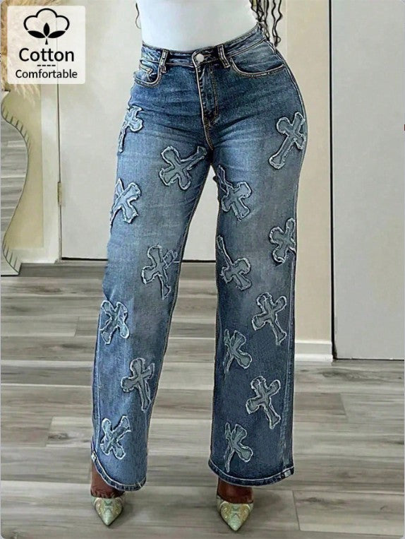 Women's high-waisted straight-cut jeans with cross appliqués made of cotton denim Amarae