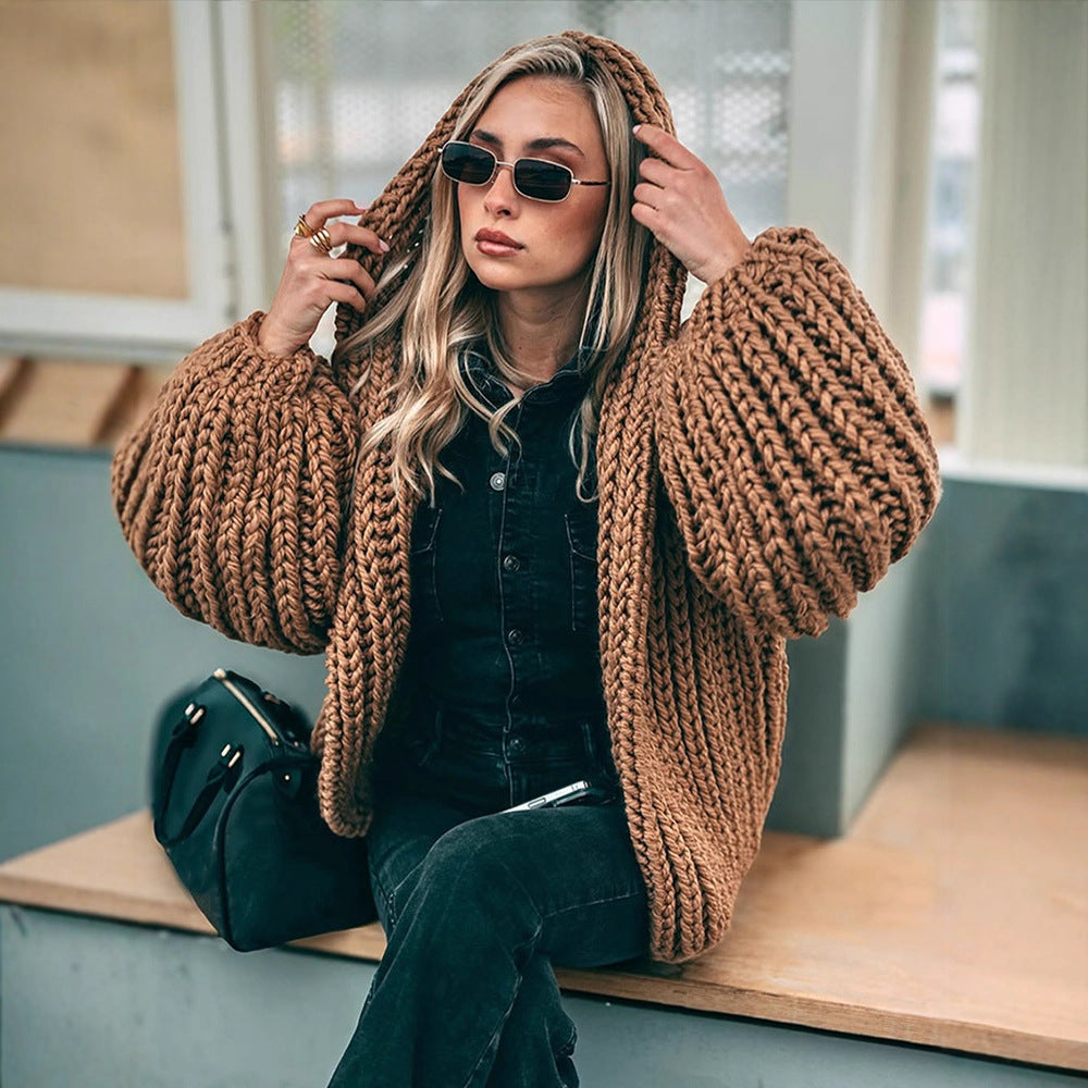 Women Oversize Chunky Knit Cardigan with Large Hood & Voluminous Sleeves Amarae