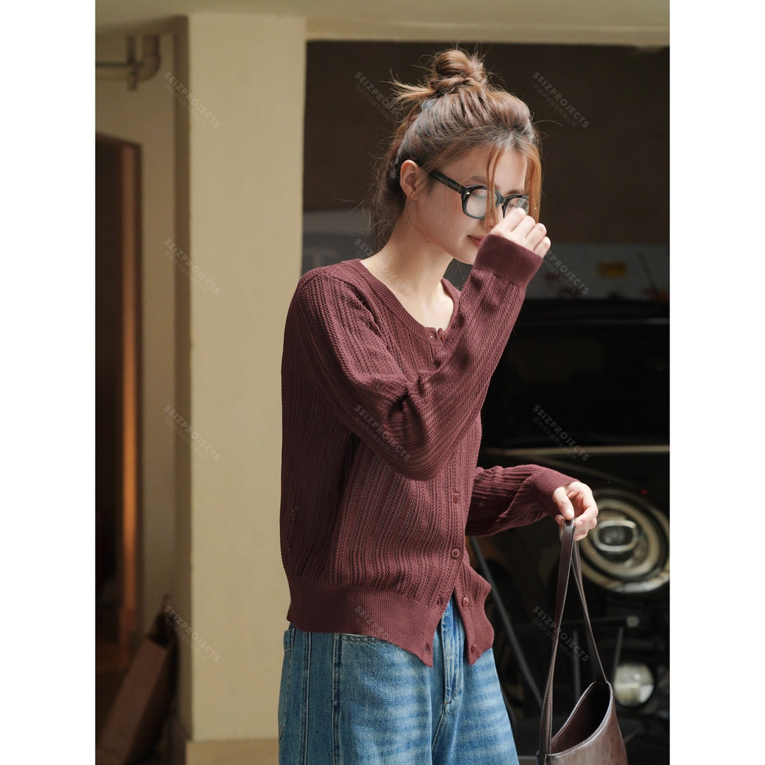 Women Lightweight Openwork Knit Cardigan with Button Placket and Ribbed Hem