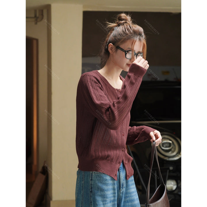 Women Lightweight Openwork Knit Cardigan with Button Placket and Ribbed Hem