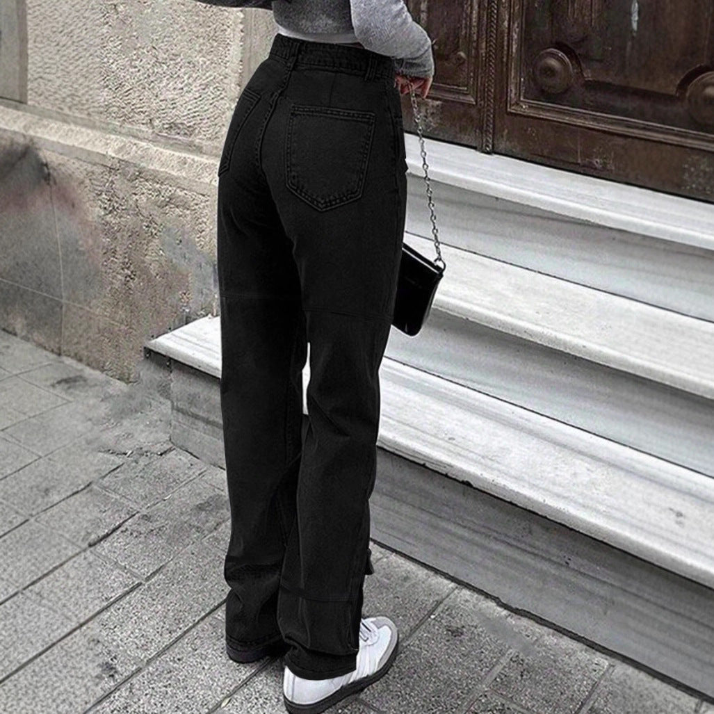 Women's cargo denim pants with large thigh pocket and wide straight-leg Amarae