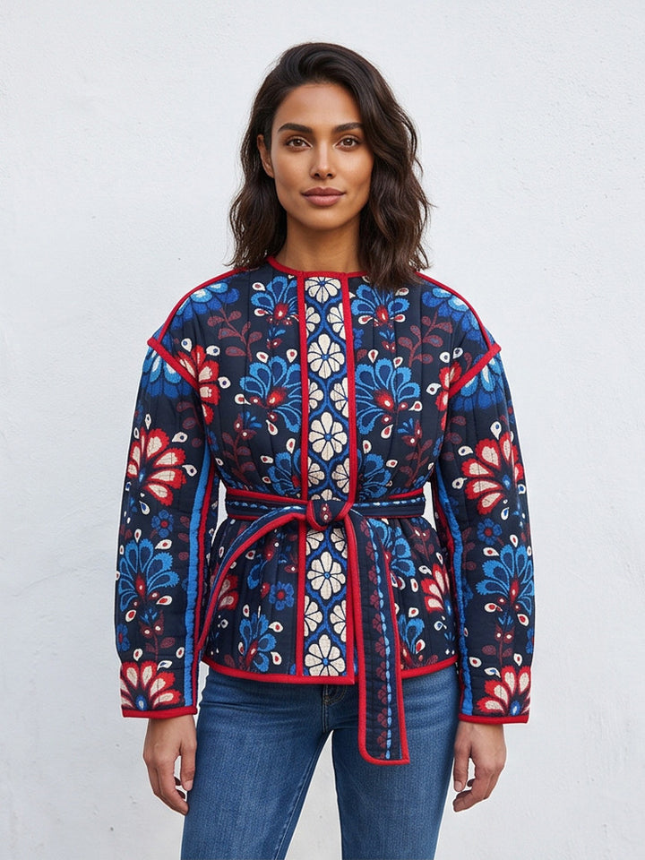 Women's Tailored Quilted Jacquard Cotton Jacket with Folk Floral Pattern & Tie Belt Amarae
