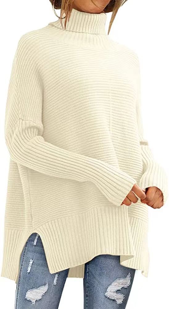Pull Turtleneck Large Femme avec Structure à Côtes Fines et Coupe Asymétrique Chic & Stil