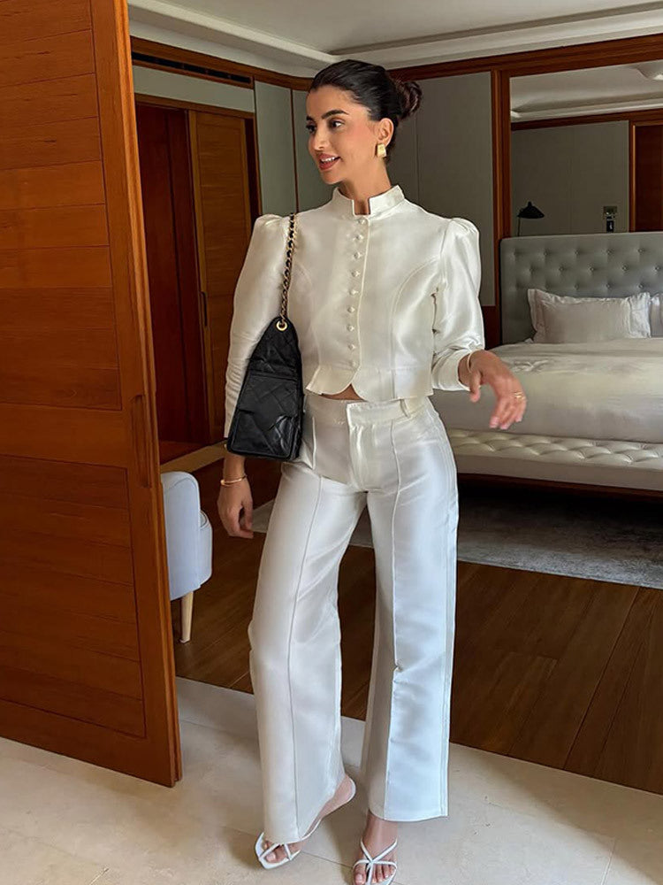 Women Satin Two-Piece with Tailored Short Jacket, Stand Collar & High-Waist Wide Pants Amarae