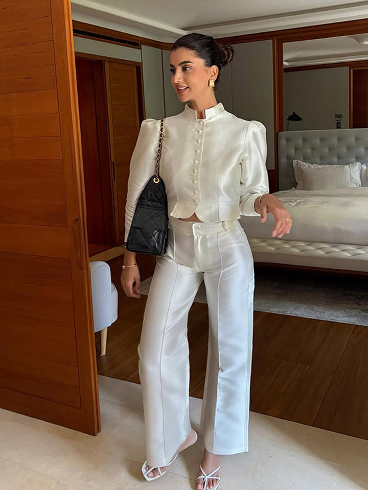 Women Satin Two-Piece with Tailored Short Jacket, Stand Collar & High-Waist Wide Pants Amarae