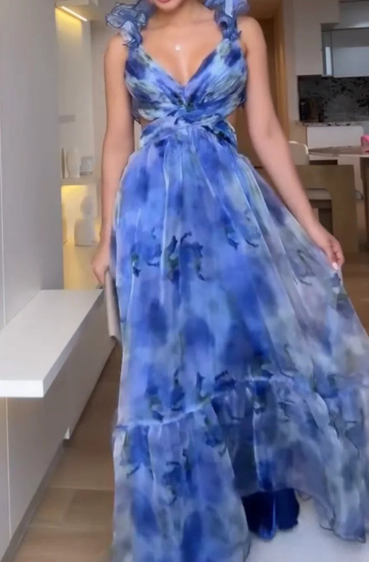 Women's maxi dress with floral ruffles and swinging design