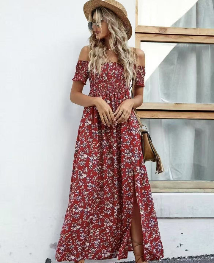 Maxi dress for women with décolletée silhouette and floral design Lune London
