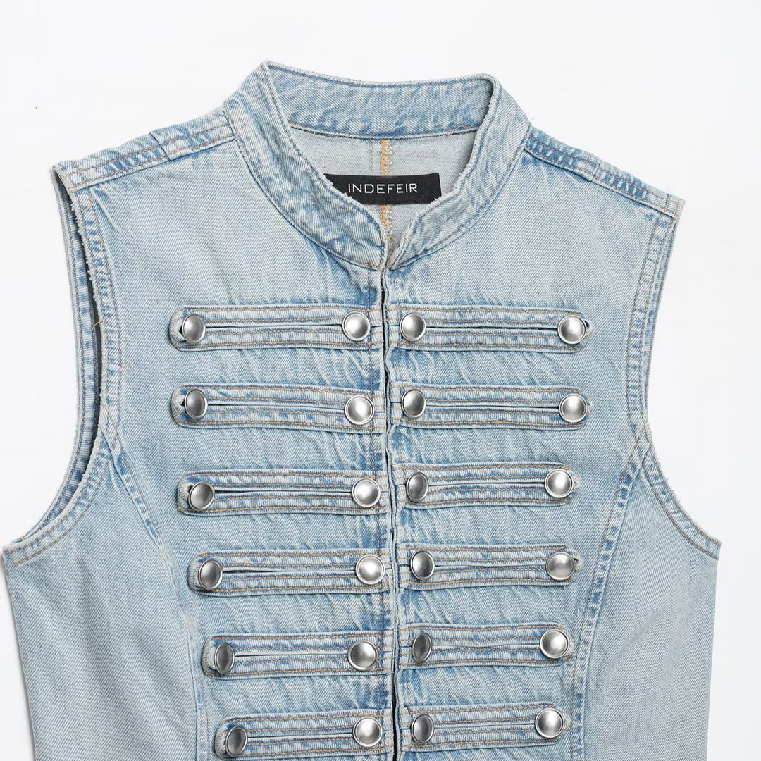 Women's jeans vest in military look with stand-up collar and decorative press stud placket Amarae