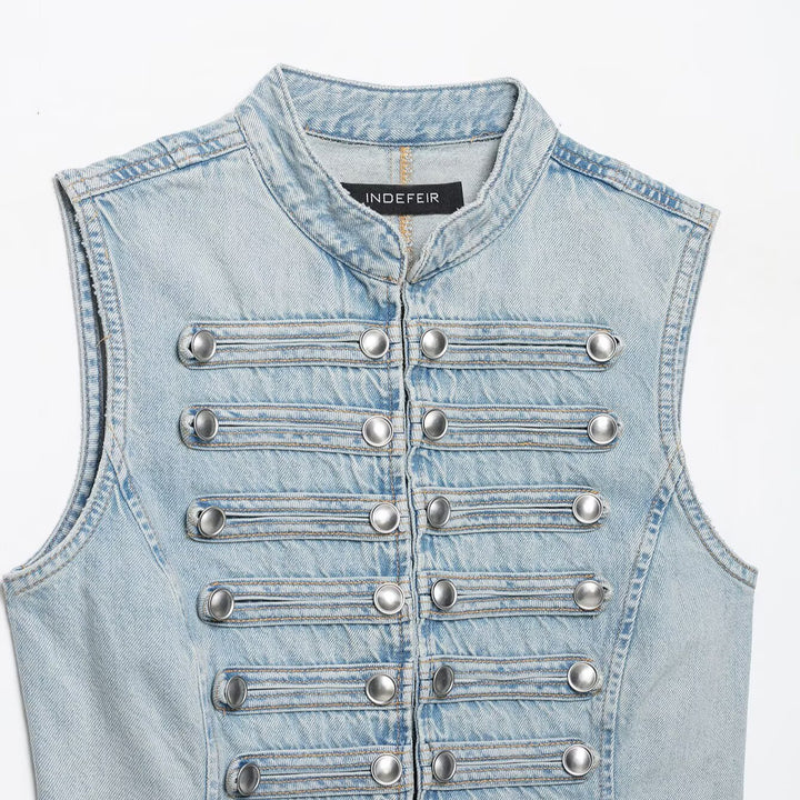 Women's jeans vest in military look with stand-up collar and decorative press stud placket Amarae