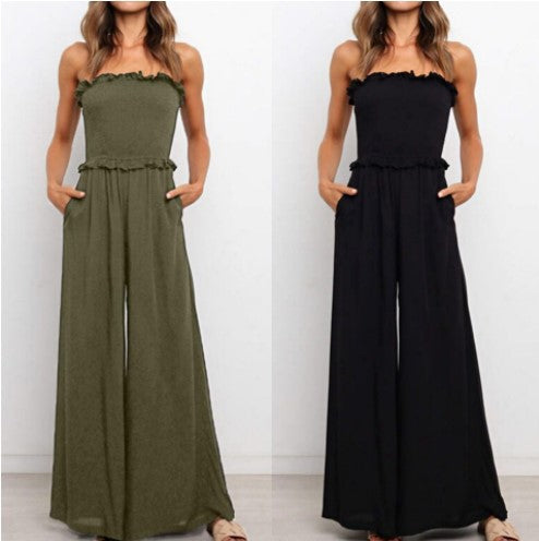 Strapless jumpsuit for women with wide legs and ruffled trim Amarae