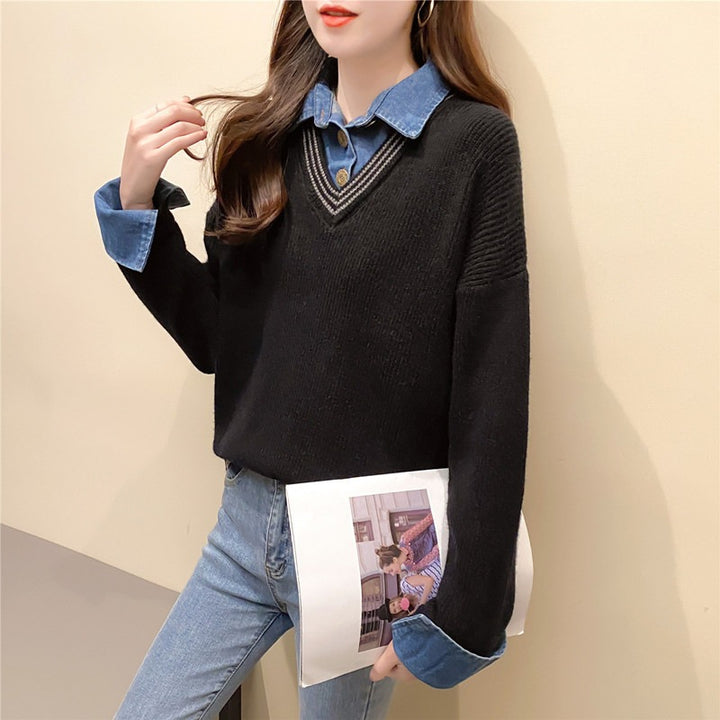 Women's V-neck sweater with denim details Lune London