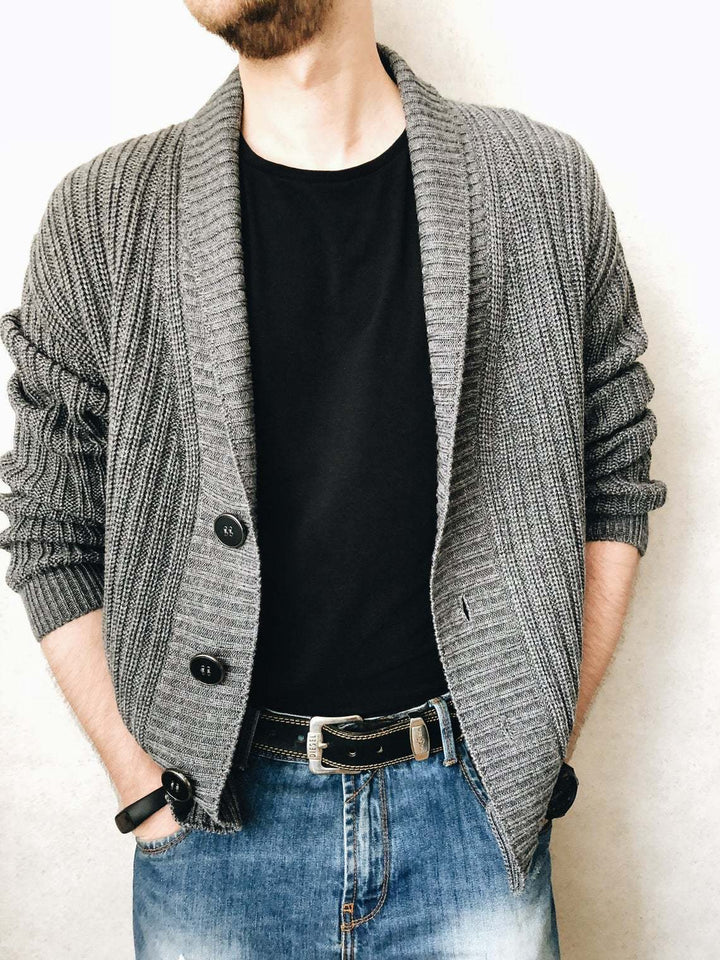 Men's knitted jacket with large collar and decorative buttons Lune London