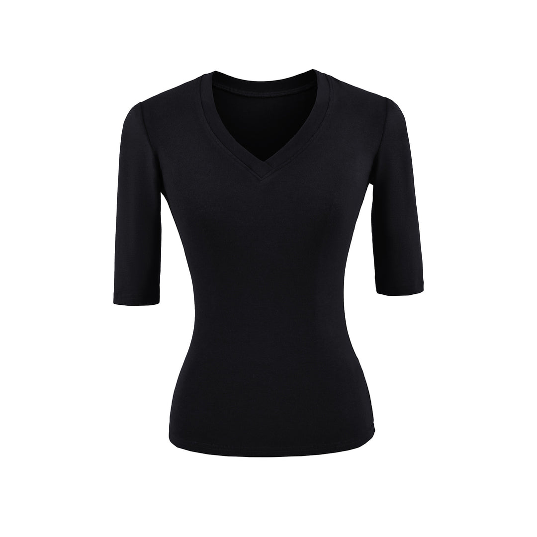 Women's Fitted V-Neck Three-Quarter Sleeve Fine Rib Top made of Stretch Jersey Amarae