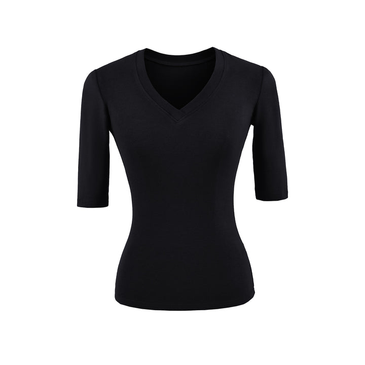 Women's Fitted V-Neck Three-Quarter Sleeve Fine Rib Top made of Stretch Jersey Amarae