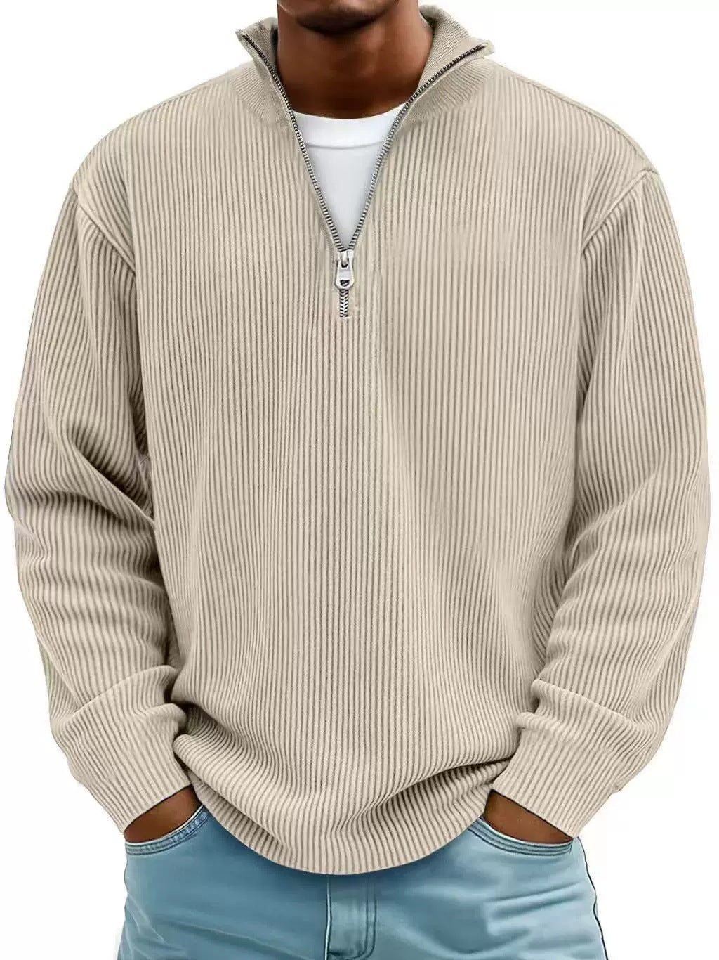 Men's ribbed knit pullover with half-zip and stand-up collar Amarae