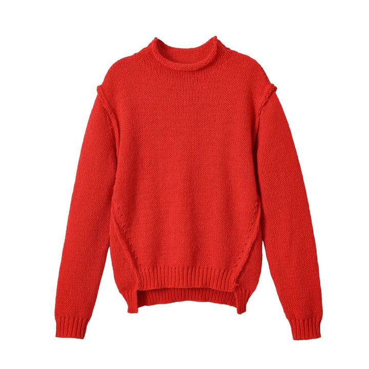 Women’s chunky knit oversized pullover with short stand-up collar and decorative knot detail
