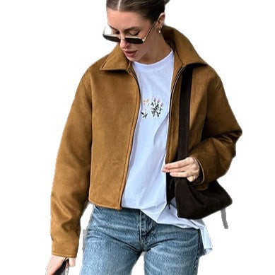 Suede fashion jacket for women with sporty cut and stylish zipper Lune London