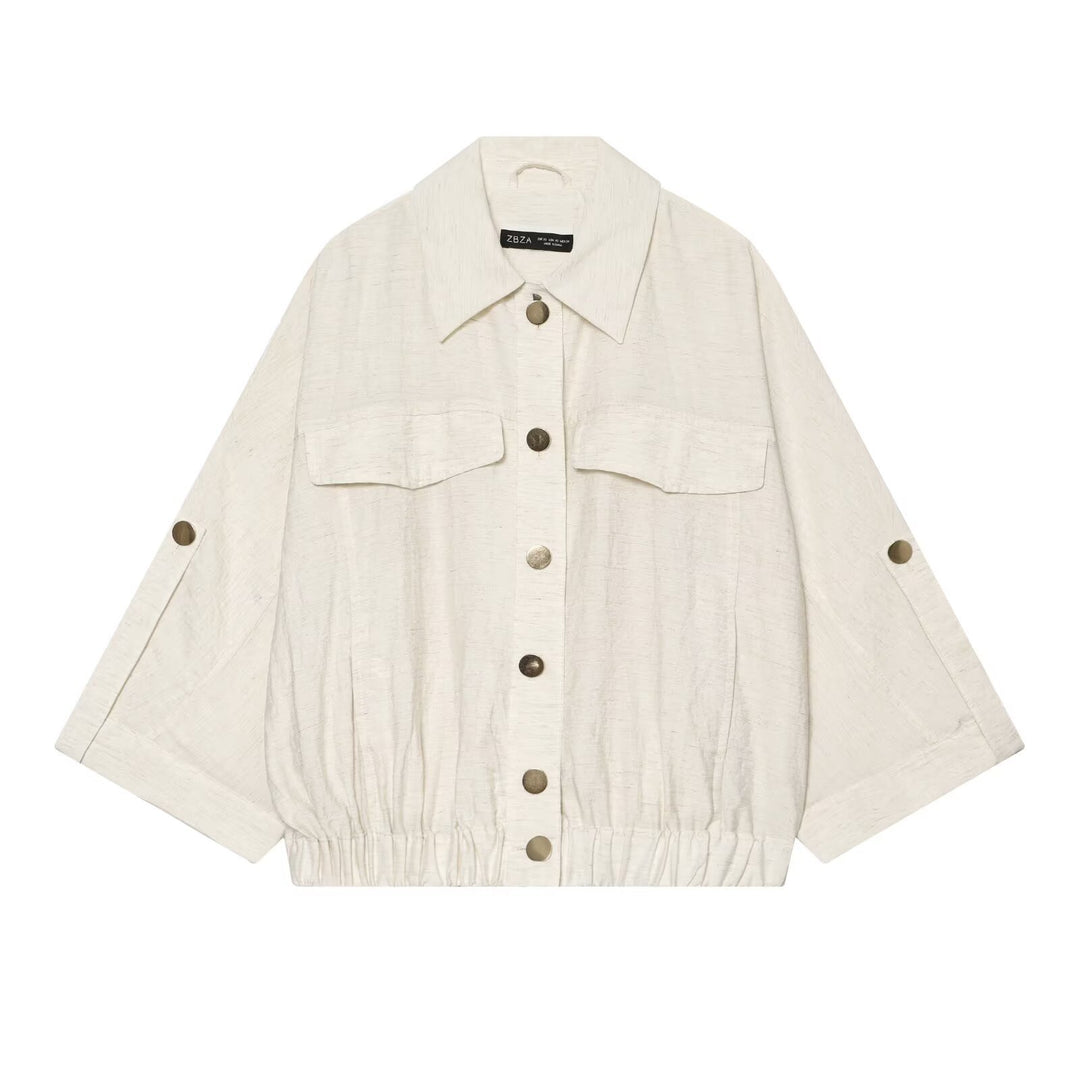 Women Loose-Fit Lightweight Shirt Jacket with Three-Quarter Sleeves, Chest Pockets and Elastic Hem Amarae