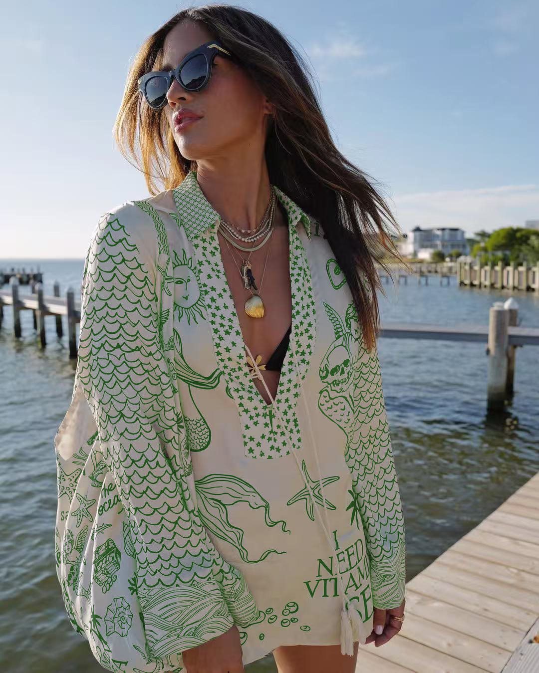 Casual beach blouse for women with an artistic nautical print and an elegant V neckline Lune London