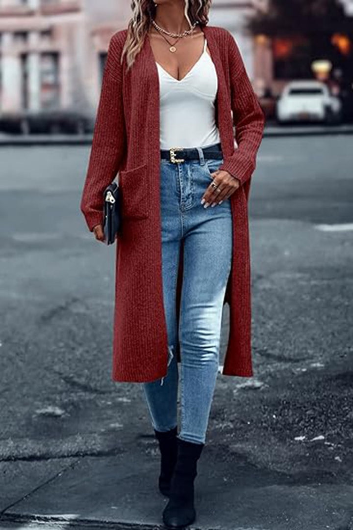 Long knit coat for women with structured design and practical pockets Lune London