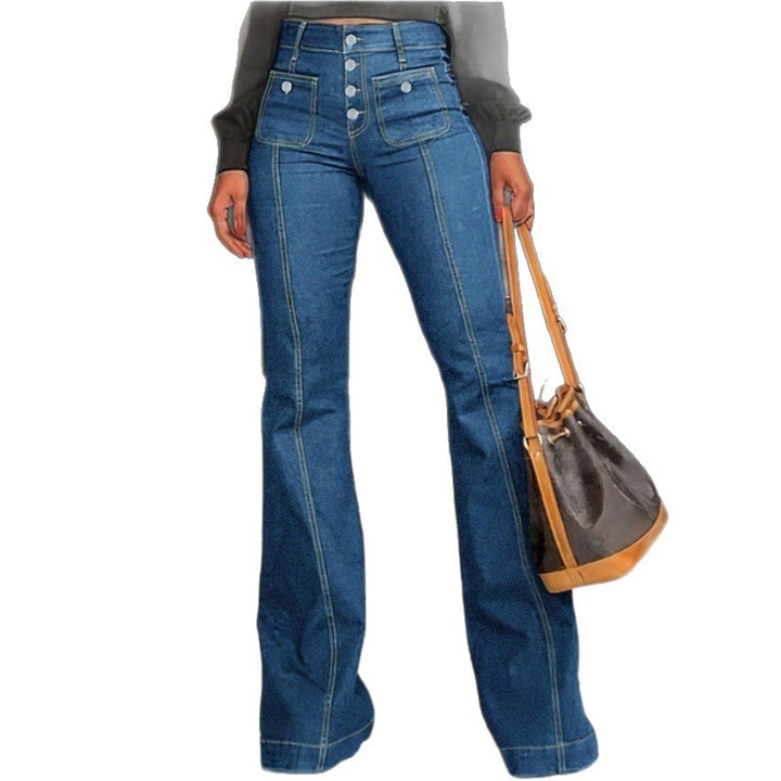Ladies High-Waisted Flared Jeans with visible center seam, button closure, and patch front pockets Amarae