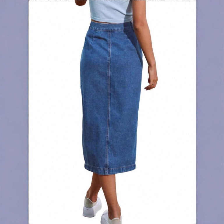 Ladies jeans midi skirt with side button placket and high thigh slit Amarae