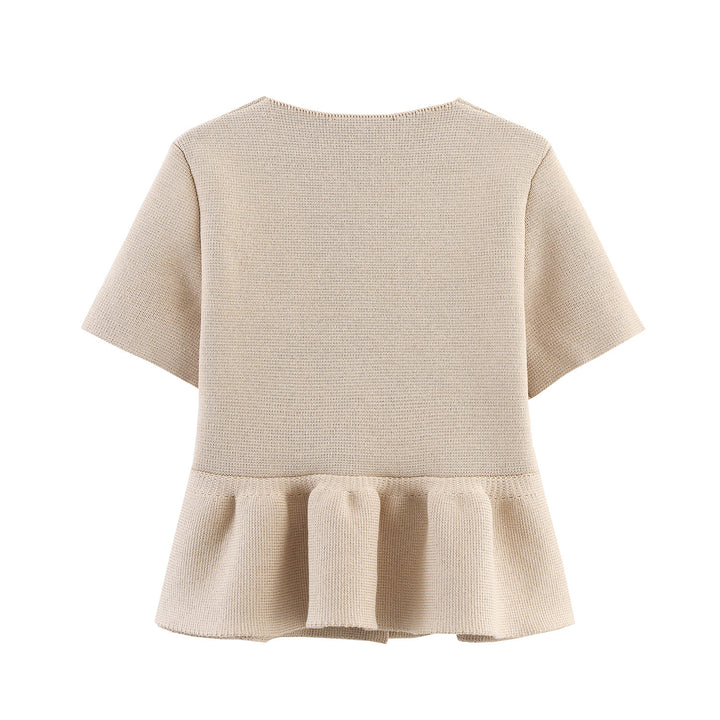 Short-sleeve floral blouse for women with flared ruffle Lune London