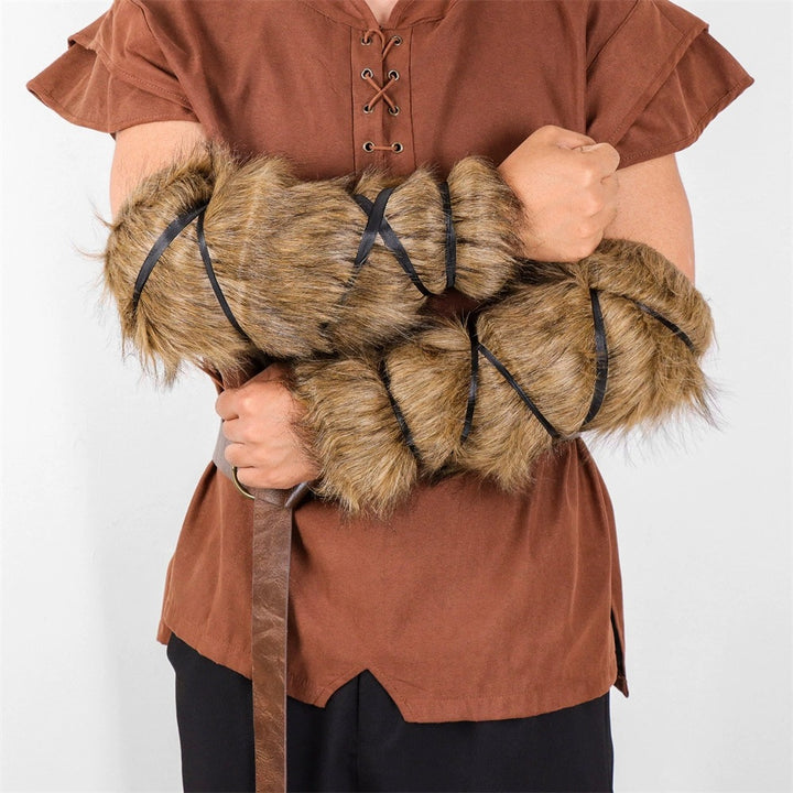 Men's Viking-inspired faux fur arm cuffs with adjustable wrap straps Amarae