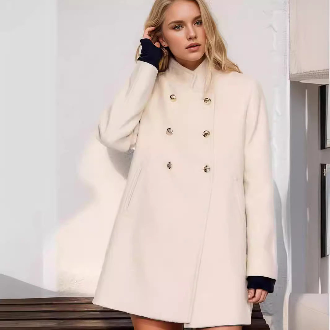 Ladies Elegant Short Double Breasted Coat with Chic Silk Details and Style