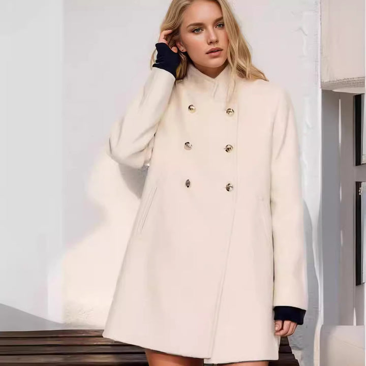 Ladies Elegant Short Double Breasted Coat with Chic Silk Details and Style